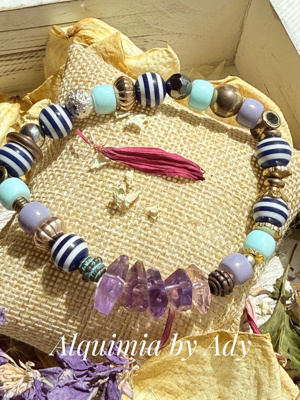 Fall Purple Ametrine & Aqua Bead Stretch Bracelet with Navy Stripes